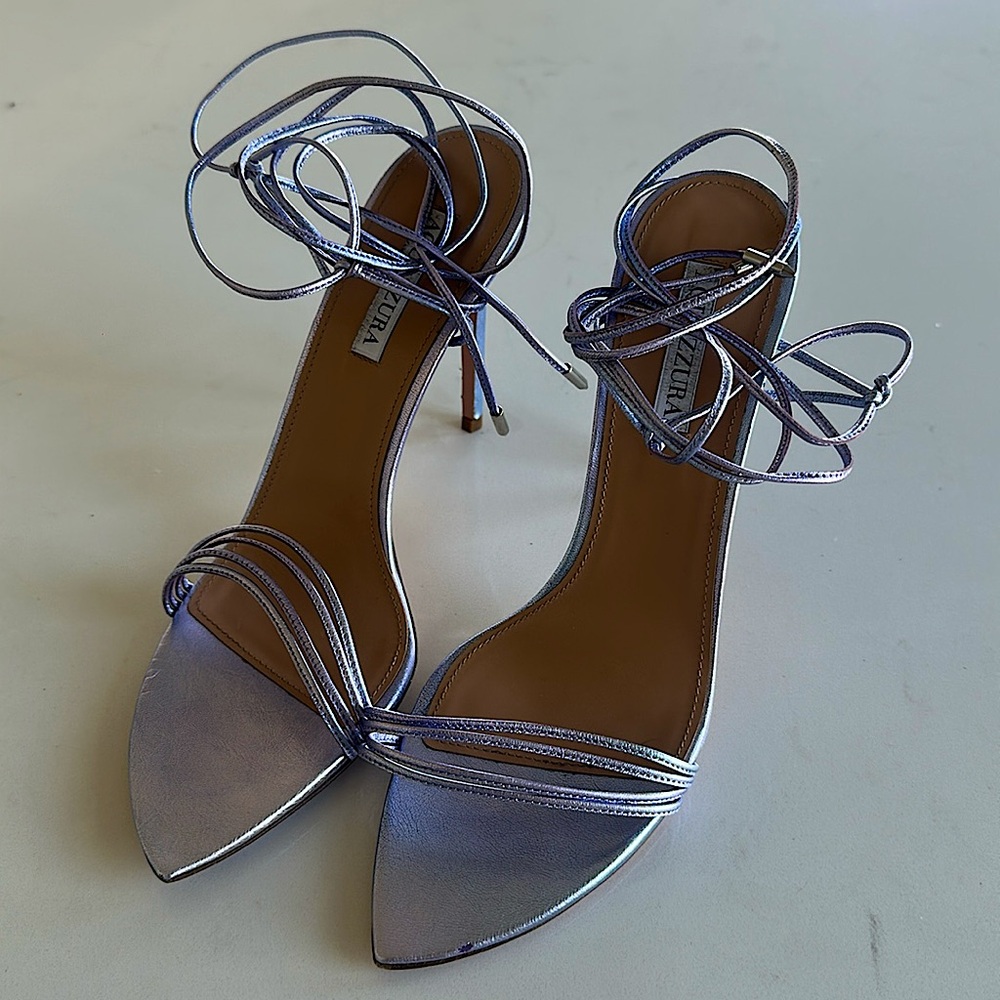 Aquazzura Purple/ Lilac Metallic Lace Up Ankle Strap Sandals